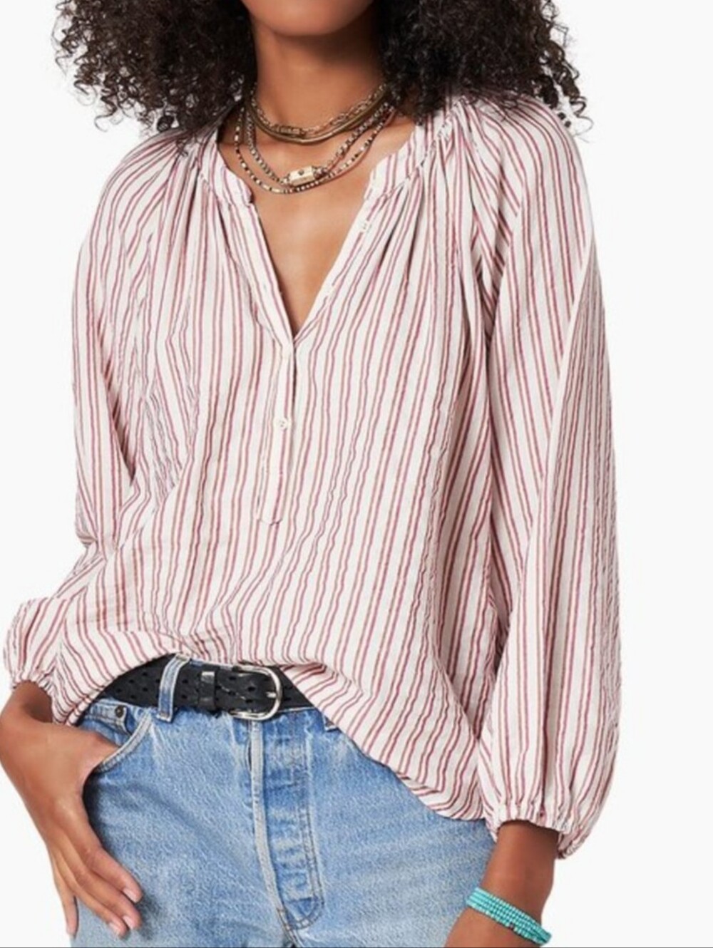 Xirena Aerin Top Striped Blouse Sz M Button Up Pink  White Boho Classic‎ Relaxed